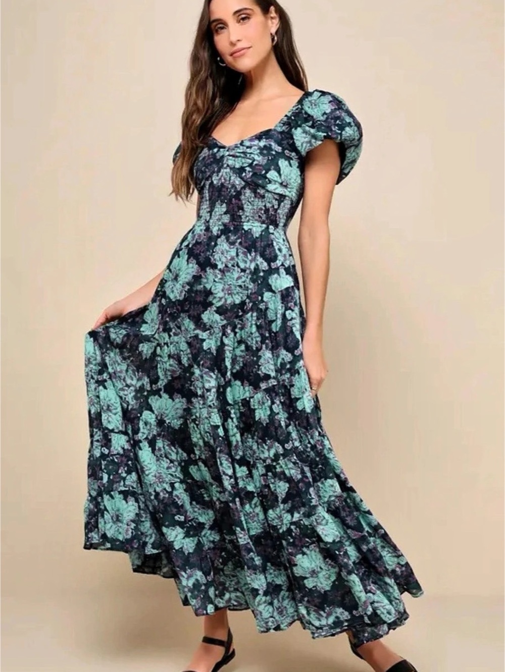 Free People Sundrenched Maxi Dress Floral Black & Green